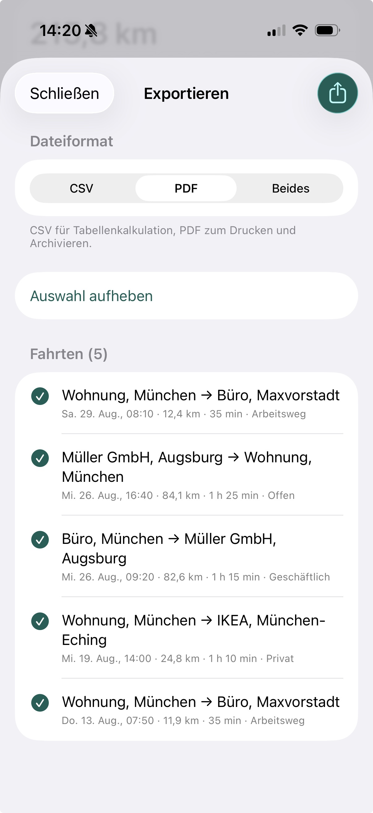 KmPilot: Export von Fahrten als CSV oder PDF