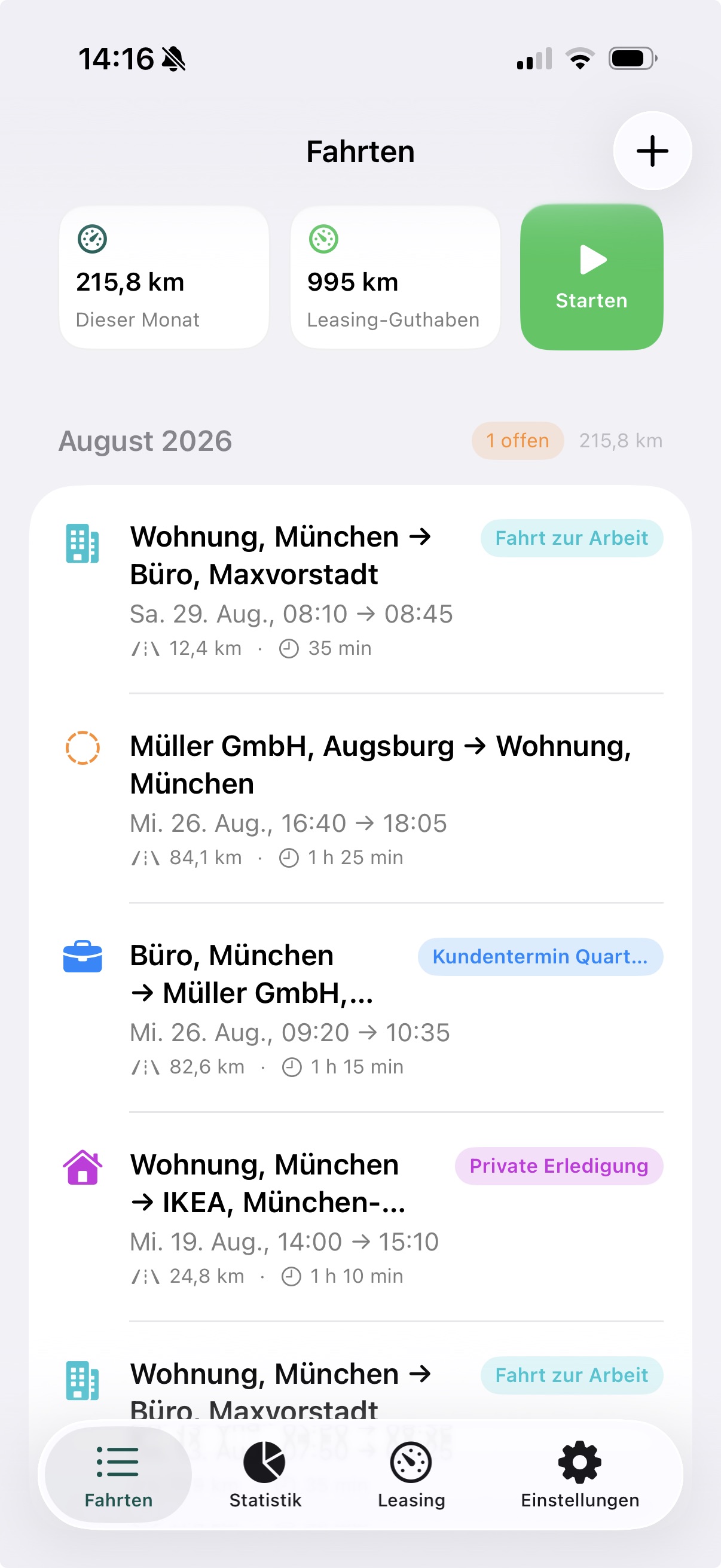 KmPilot: Tab Fahrten mit Monatsübersicht und Fahrtenliste
