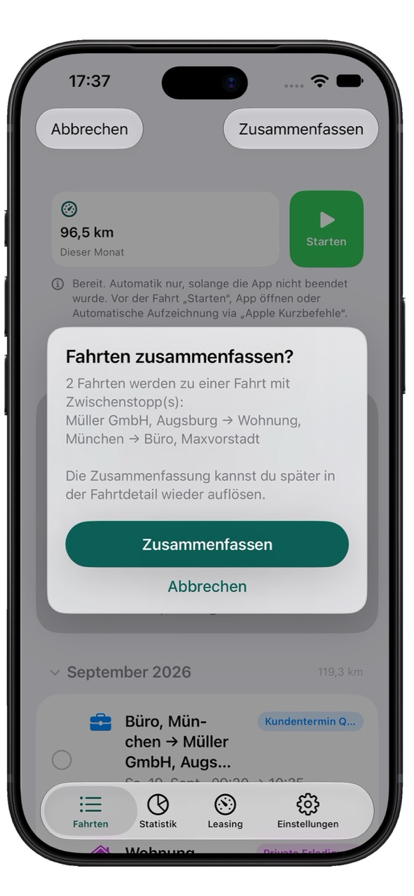 KmPilot: Dialog zum Zusammenfassen unterbrochener Fahrten