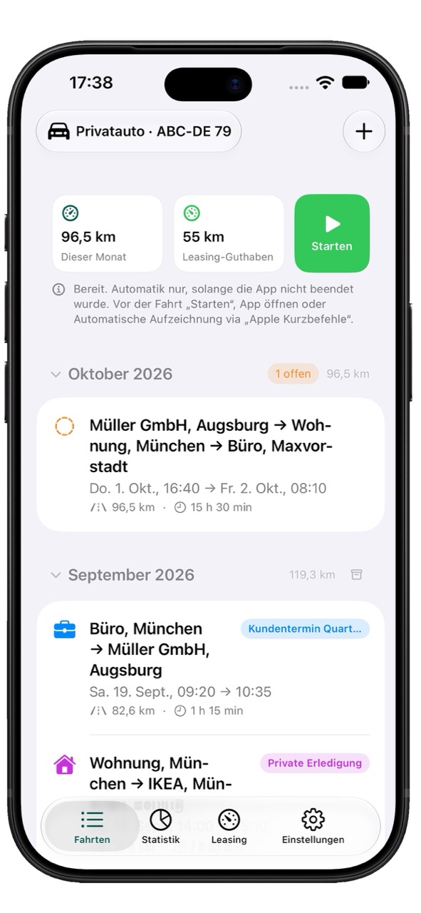 KmPilot: Tab Fahrten mit Fahrzeugumschalter, Monatsübersicht und Fahrtenliste