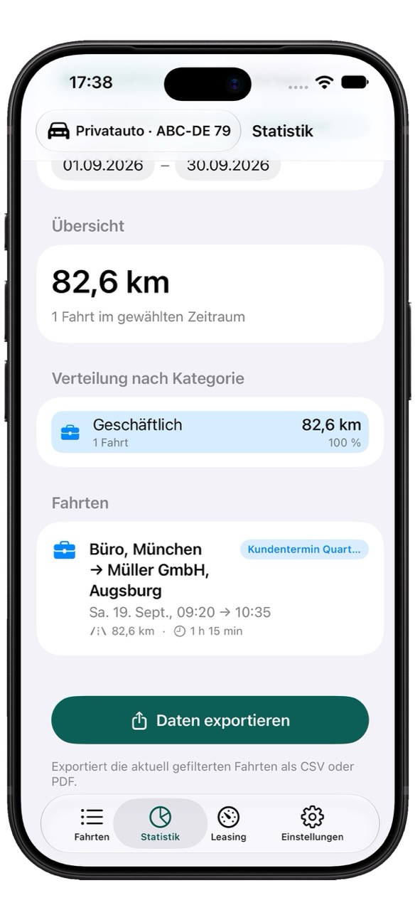 KmPilot: Gefilterte Statistik mit Fahrtenliste und Export